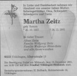 Sterbeanzeige Martha Zeitz