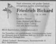 Sterbeanzeige Friedrich Bickard