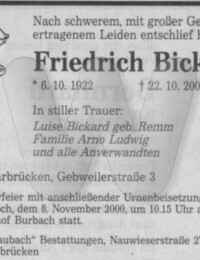 Sterbeanzeige Friedrich Bickard