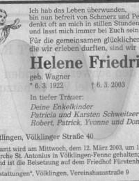Sterbeanzeige Helene Friedrich